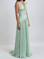 Robe longue élégante Joydressing vert sauge à col halter, sexy, froncée, en mousseline plissée, pour soirées et fêtes, vente en gros, sur mesure