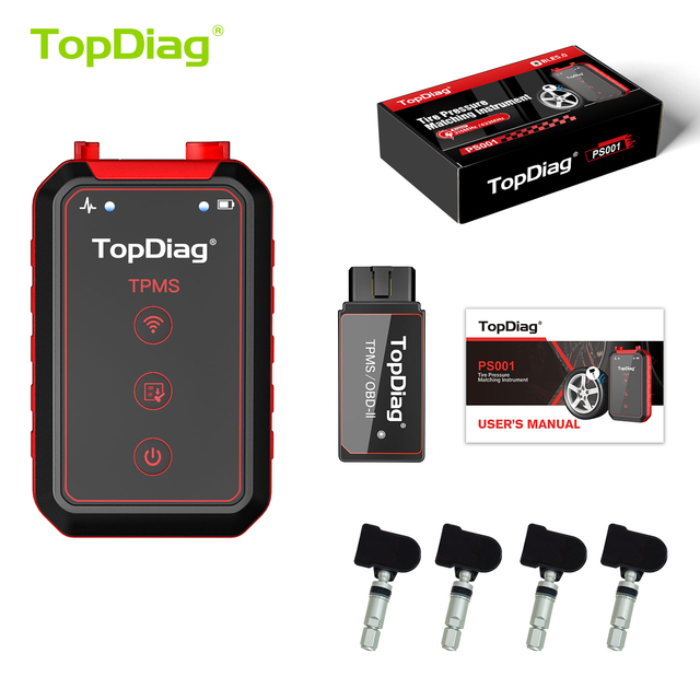 TopDiag PS001 OBD2 TPMS Diagnostic Tool Read/Clear DTC 4pcs TP-sensors Smart APP for Tire Pressure Monitoring System Free Update