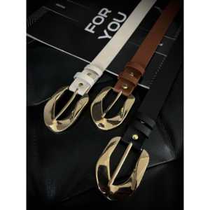 Asymmetric <b>Gold</b> Buckle Leather <b>Belt</b> Women Casual Style Fashion Accessory - Product Image 3
