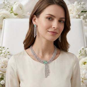 Luxury Brass <b>Silver</b> Plated Mint Green Cubic Zirconia <b>Choker</b> Necklace Dangle Earring Bridal Jewelry Set For Women - Product Image 1