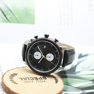 Nouvelle montre chronographe 2025 avec boîtier en bois foncé, cadran guilloché noir, deux sous-cadrans et aiguille <span class=keywords><strong>chrono</strong></span> jaune néon - Product Image 3