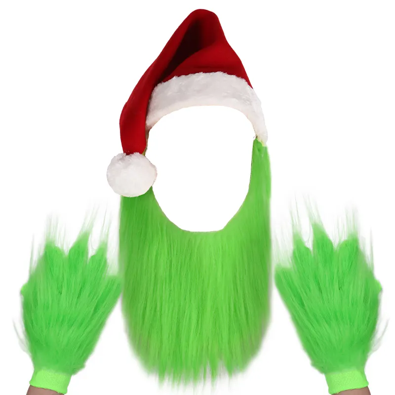 사용자 정의 패브릭 녹색 털 괴물 시리즈 의상 크리스마스 휴일 파티 코스프레 녹색 털 모자와 장갑