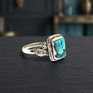 Tibat 925 Sterling Silver Fancy Rectangle <b>Turquoise</b> <b>Ring</b> India Natural <b>Turquoise</b> Gemstone Stone Cabochon with Bezel Setting - Product Image 1