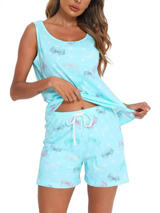 <strong>Womens</strong> <strong>Pyjama</strong> Sets <strong>Cat</strong> Print Cotton Tank Top and Shorts with Elastic Waist Machine Washable - Product Image 4