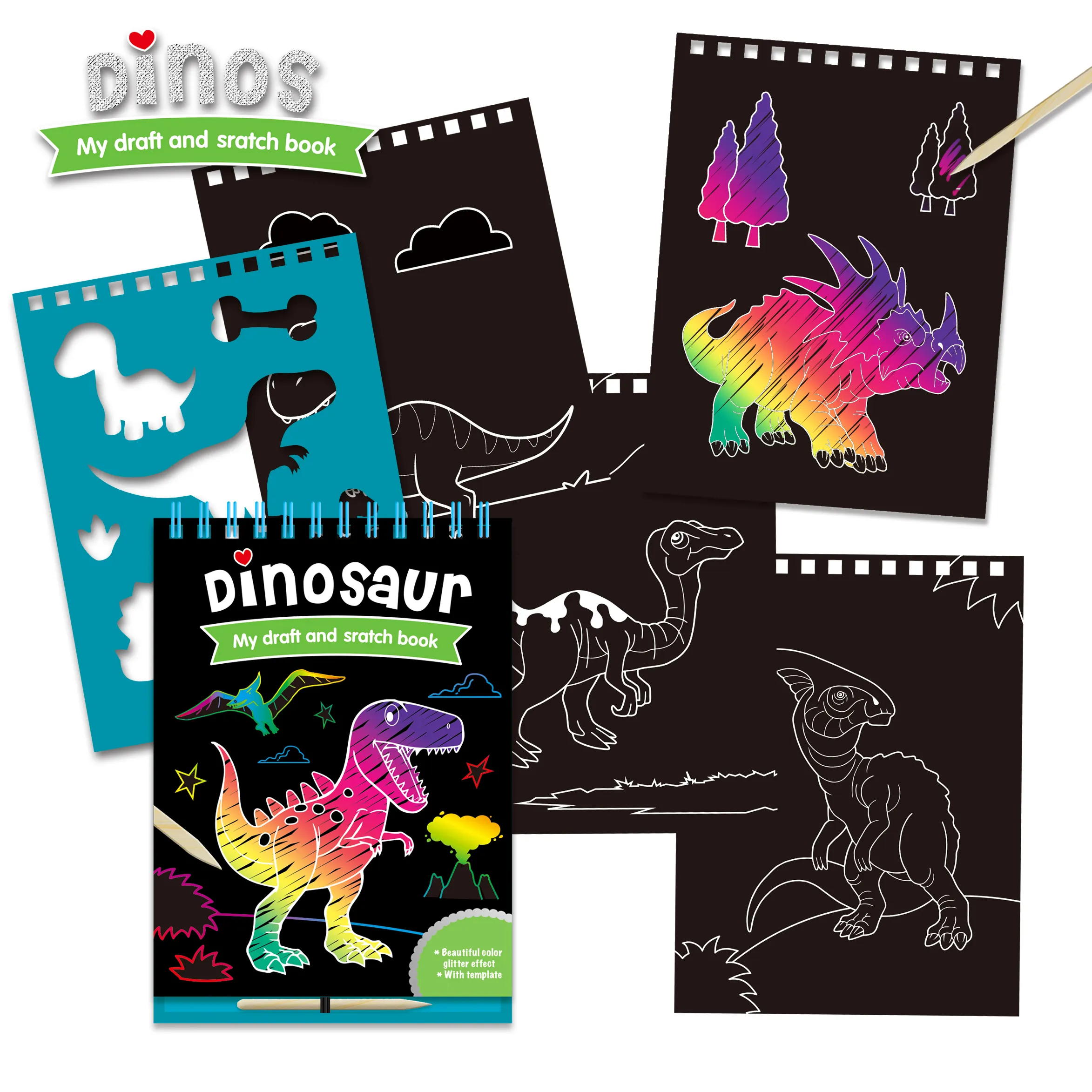 Hot Sale Spiral Binding Rainbow Magic Scratch Off Art Paper Kids Dinosaur Activity Book With Stencil And Wooden Styuls