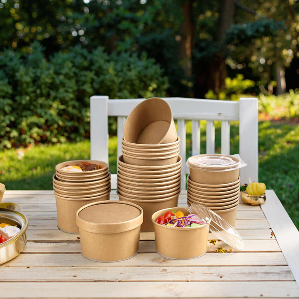 Biodegradable Disposable Kraft Paper Plate & Bowl Set Food Grade for Snacks Salads Noodles Takeaway Box with Bowls and Lids