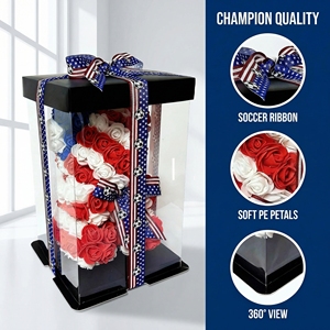 Ours en roses artificielles USA 2026 avec boîte cadeau, fleurs artificielles rouges, blanches et bleues, ours en peluche avec ruban de football étoiles et rayures - Product Image 3