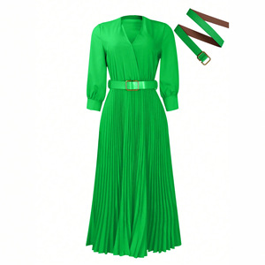 Vestido de estilo europeo y americano para mujer, cuello en V, manga tres cuartos, línea A, con cinturón, falda larga plisada, verde, azul real, tallas S, M, L, XL - Product Image 3