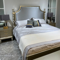 Lit mural en bois massif de style rétro américain, luxe léger, 1,8 m/1,5 m, chambre principale, lit de mariage, revêtement en cuir véritable, or champagne