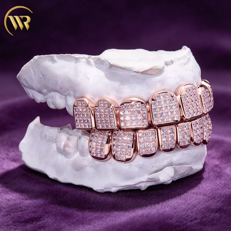Custom Teeth Grillz Silver Grillz Invisible Set Princess Cut Moissanite ...
