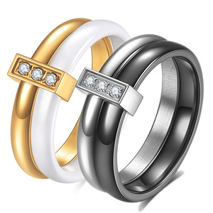 <b>Ceramic</b> <b>Ring</b> 6MM Black White Gold Steel Geometric Zircon Channel Setting Unisex Fashion Jewelry Gift - Product Image 1