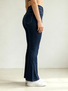 Jean en denim évasé taille haute pour femme, délavage foncé, longueur intégrale, décontracté, respirant, coupe skinny, 100 % coton - Product Image 6