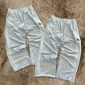 Oem Custom Straight Leg Sweatpants Men Custom Striped Side Oversized Wide Leg Track Pants Raw Hem Jersey Sweatpants For Men