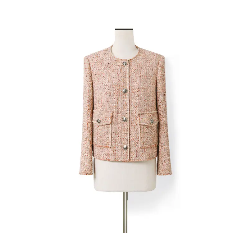 Pinça de lã design escovado clássico gola redonda pequena fragrância tipo jaqueta curta