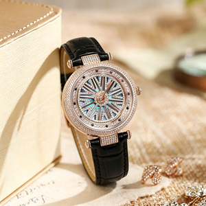 Montre pour femme avec cadran rotatif porte-bonheur, sertie de diamants, cristal saphir, 38 mm, bracelet en acier inoxydable et cuir - Product Image 4