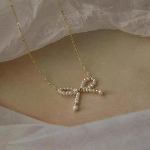 Adjustable 14K Gold-Plated Collarbone Chain <b>Cute</b> Natural Pearl Bow Necklace Versatile Japanese Light Luxury <b>Accessory</b> Wenchi - Product Image 3