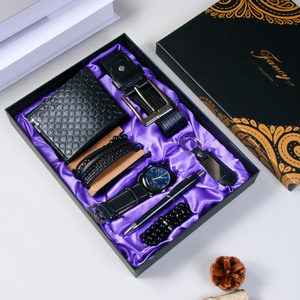 ชุดของขวัญสำหรับผู้ชาย Fancy & Yc DW2036 ประกอบด้วยเข็มขัด + กระเป๋าสตางค์ + นาฬิกาควอตซ์ + สร้อยข้อมือ 3 เส้น + พวงกุญแจ + ปากกา + ลูกประคำ + กล่องของขวัญสุดหรู - Product Image 1