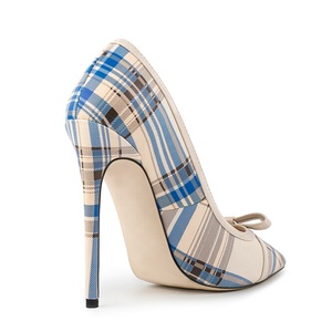 Big Size 47 Wide Fit Women Blue Plaid Stiletto Bow High Slim Heels Ladies Pointed Toe Pumps Dress <b>Shoes</b> - Product Image 3