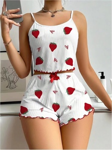 Conjunto de Pijama de Lujo para Mujer con Estampado de Fresas, 2 Piezas, Camiseta sin Mangas y Pantalones Cortos, Suave, Informal, Térmico, para Verano y Primavera, Talla 3XL, Diseño Original (ODM) - Product Image 6