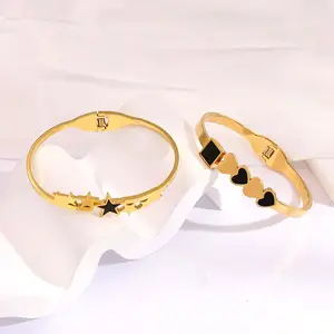 Joyería de moda al por mayor 18K oro Pvd cuatro hojas trébol pulseras brazaletes de acero inoxidable brazalete abierto redondo para las mujeres