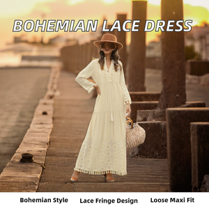 Robe longue bohème pour femme, en dentelle, manches longues, col en V, coupe ample, couleur unie, ourlet à volants, taille naturelle, écologique, été, coupe trapèze - Product Image 2