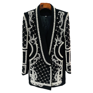 Elegante Einreihige Polyester/Baumwolle Knitterfreie <span class=keywords><strong>Blazer</strong></span> für Damen Neue Mode Lässige Anzüge Perlen Einfarbiges Muster Gewebte Struktur - Product Image 4