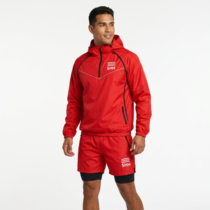 Custom Red Hooded Sauna Suit <b>Men</b> Half Zip Sweat Training <b>Pullover</b> with 2 in 1 Shorts Reflective Workout Fitness Weight Cut Set - Product Image 5