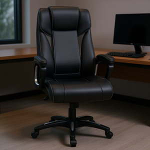 Chaise de bureau ergonomique à dossier haut en cuir PU, réglable en hauteur, pivotante, noire, avec fonction bascule - Product Image 2