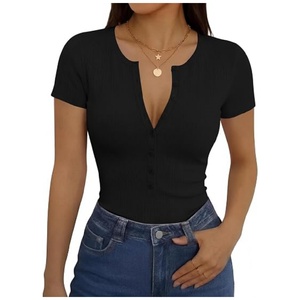 Camisetas de <span class=keywords><strong>Manga</strong></span> <span class=keywords><strong>Corta</strong></span> para <span class=keywords><strong>Mujer</strong></span>, Estilo Henley, Cuello en V, con Botones, Ajustadas, Elásticas, de Color Sólido - Product Image 1