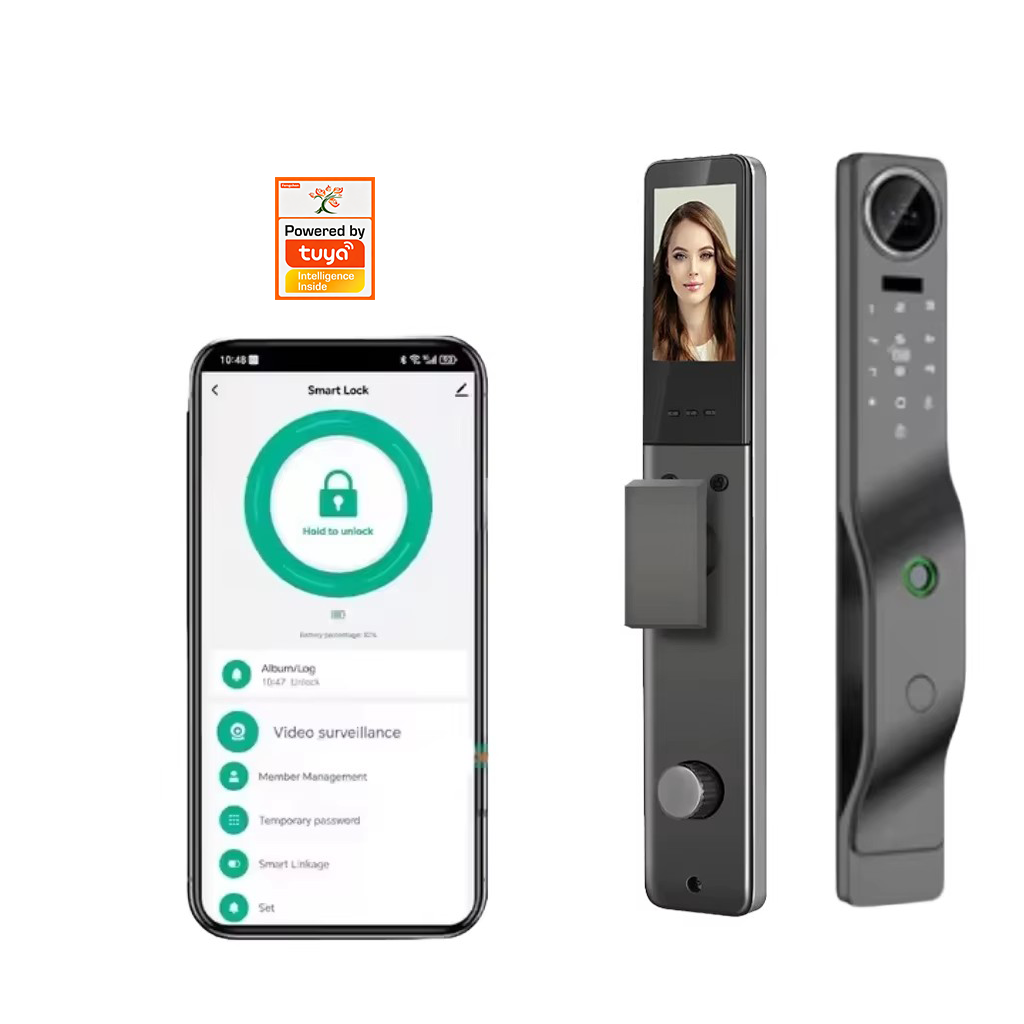 Tuya WiFi Smart Security Camera Lock 3D Face Fingerprint Recognition IP65 Waterproof Aluminum Wood Doors Supports 22 Memory Card · image 2