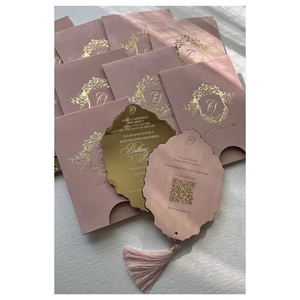 Invitation de <span class=keywords><strong>mariage</strong></span> minimaliste de luxe miroir doré acrylique velours daim Code QR Baptême Quinceanera Baby Shower Invitations en velours - Product Image 1