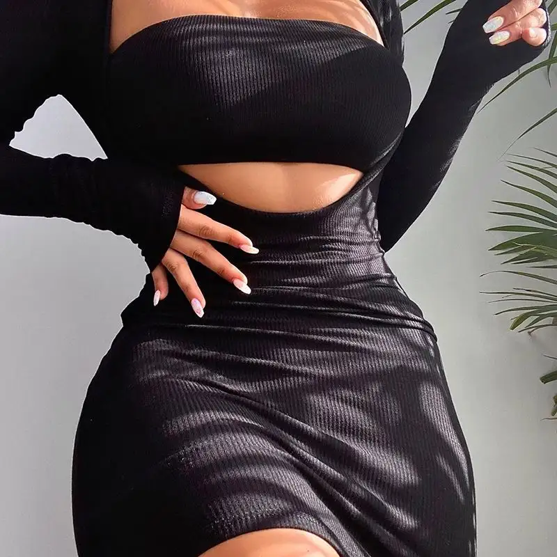 Manga Longa malha 2 Pedaço Mini Vestido Bodycon Casual Sexy Evening Elegante Por Atacado Roupa Das Mulheres 2021 Verão Vestuário Queda