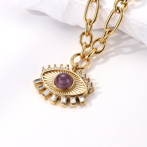 Collana Personalizzata in Acciaio Inossidabile Placcato Oro 18k con Zirconi, Catena Spessa e Occhio Turco Portafortuna con Ametista Naturale - Product Image 1