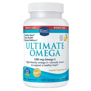 Ultimate Omega, Suplemen minyak ikan dengan Omega-3 DHA dan EPA, mendukung kesehatan jantung, rasa Lemon tanpa batang, 60 gel lembut