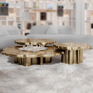 Tavolo da caffè moderno di lusso in ottone dorato <span class=keywords><strong>con</strong></span> superficie in acciaio inox tavolo centrale <span class=keywords><strong>con</strong></span> anelli di legno Design per Villa mobili per la casa - Product Image 1