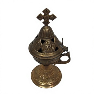 Quemador de incienso vintage de latón con cruz en la parte superior y asa, decoración cristiana para el hogar, regalos religiosos, quemador de bolsitas y incensario - Product Image 1