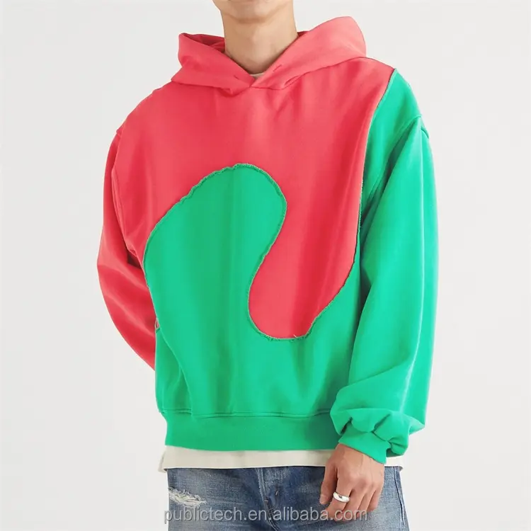 Benutzer definierte Streets tyle übergroße Patchwork Welle getäfelten zweifarbigen Hoodie für Männer