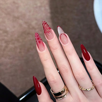 Ongles press-on français faits main, motif floral, amande bordeaux, fleurs 3D, perles, paillettes, luxe, pour femmes, mariage, réutilisables, manucure des doigts