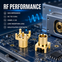 موصل محوري RF للتركيب على لوحة الدوائر المطبوعة (PCB) للشركات الصغيرة والمتوسطة، 50 أوم، من تيار مستمر إلى 3 جيجاهرتز، نحاس مطلي بالذهب C3604، PTFE، هوائي عمودي للحام، OEM ODM