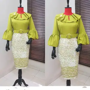 슬림 패치 워크 인쇄 허리띠 랜턴 슬리브 아프리카 여성 사무복 드레스