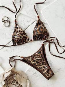 Viviblook Z0124ST Nouvel ensemble de maillot de bain sexy imprimé léopard avec sequins, soutien-gorge à lacets et string, maillot de bain de plage sexy - Product Image 3