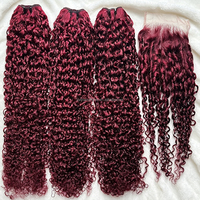 Lot de 3 mèches de cheveux humains bouclés crépus 99J Bourgogne avec closure, tissage de cheveux vierges indiens rouge vin avec closure en dentelle 4x4 5x5