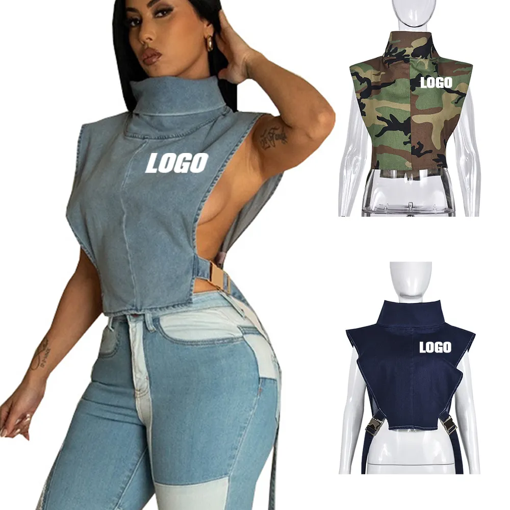 Custom Logo Women'S Clothing 2023 High Collar Y2K Sleeveless Top Summer Fashion Cargo Denim Vest Wholesale For Women