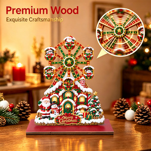 Figurine de village de Noël en bois avec grande roue et carrousel rotatif, ornement lumineux pour décoration de bureau de fêtes - Product Image 1