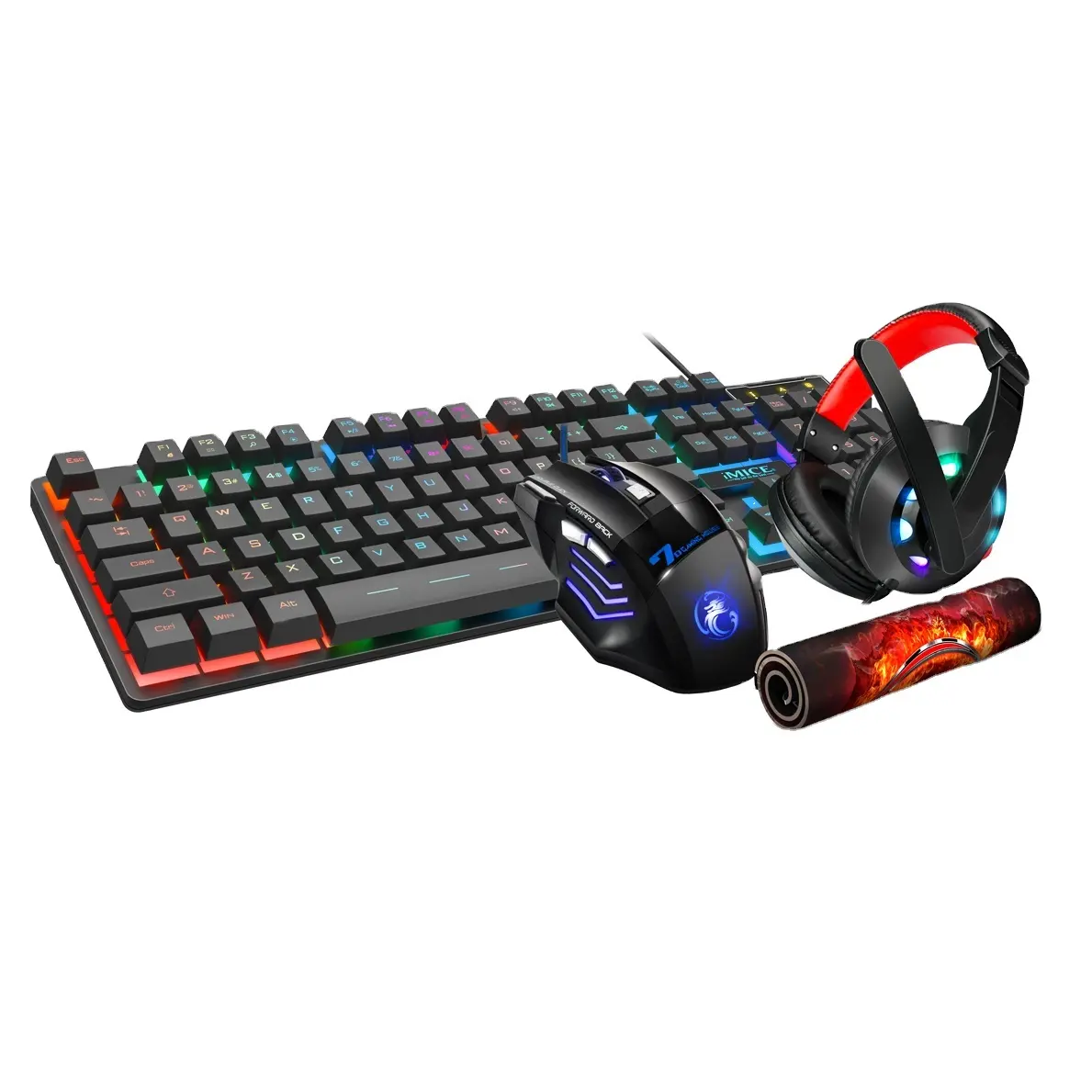 Imice GK-470 teclado semi-mecânico gamer, 4 em 1, ergonômico, colorido, headset e mouse pad