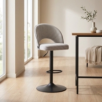 Tabouret de bar pivotant à hauteur réglable, revêtement en tissu lin, base en métal noir thermolaqué