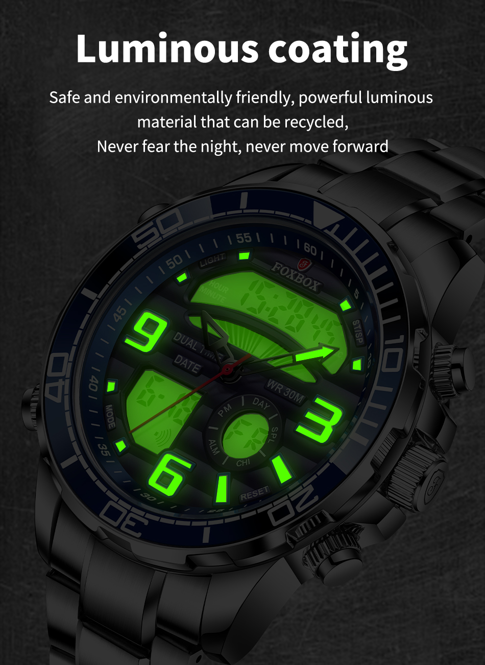 FOXBOX 0007 Men's Luxury Digital Chronograph Watch - Stainless