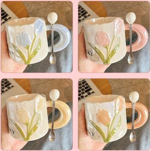 Frauen niedlichen 380ml Tulpe Keramik becher handgemachte Geschenk 3D Blumen becher für Lehrer tag & Geburtstag für Camping - Product Image 4