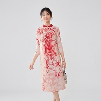 Robe Cheongsam de style chinois moderne pour femmes, grande taille, imprimé feuilles de bambou, col mandarin, Qipao coupe trapèze ample, longueur genou