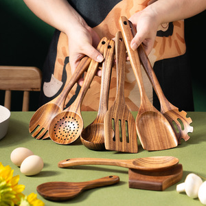 Handmade Kitchen Wooden Utensils Tools Eco-friendly 9pcs Nonstick Cookware Natural Teak Wood Spatula Spoons Set for Cooking